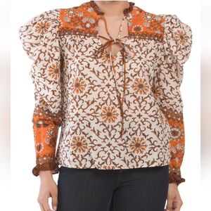 House of Harlow 1960 Long Sleeve Puff Shoulder Blouse M Beige & Orange | NWT